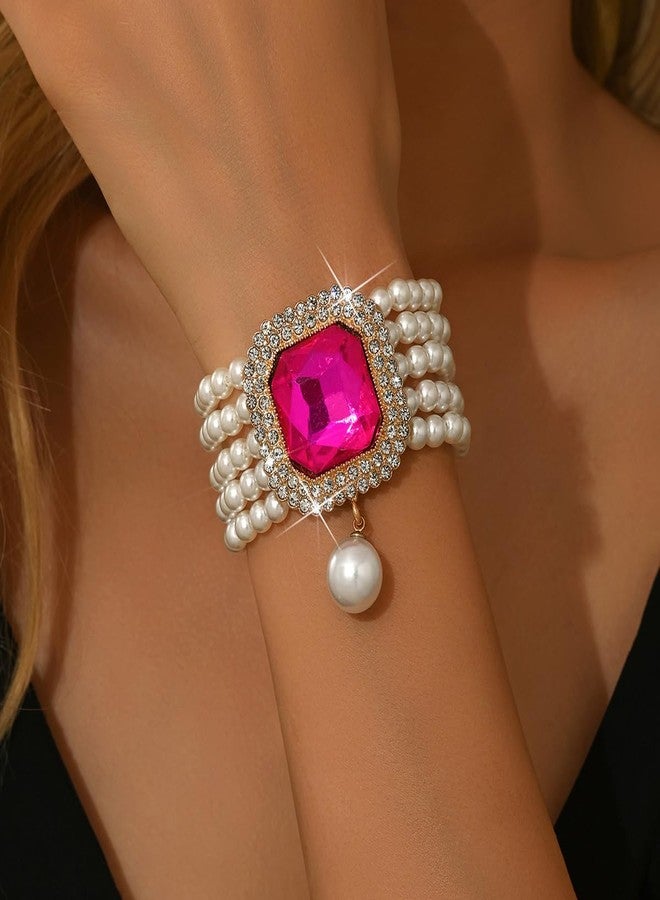 Rannyrena Rannyrene Vintage pearl Bracelet with Crystal Charm Multi-layered Beaded Bracelet with Dangle Pearl 1920s Flapper Imitation Pearl Bridal Wedding Accessories Jewelry for Women (Rose Red) - Image 2