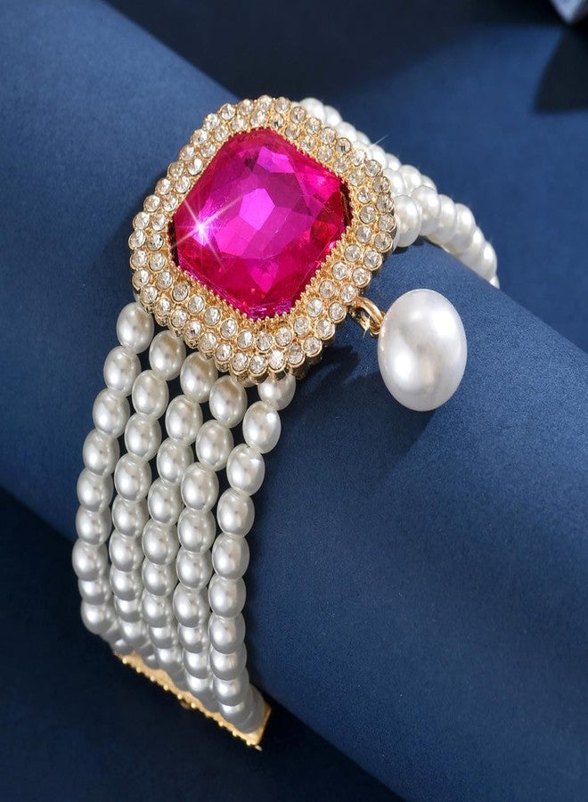 Rannyrena Rannyrene Vintage pearl Bracelet with Crystal Charm Multi-layered Beaded Bracelet with Dangle Pearl 1920s Flapper Imitation Pearl Bridal Wedding Accessories Jewelry for Women (Rose Red) - Image 5