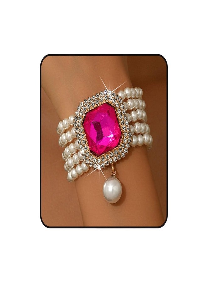 Rannyrena Rannyrene Vintage pearl Bracelet with Crystal Charm Multi-layered Beaded Bracelet with Dangle Pearl 1920s Flapper Imitation Pearl Bridal Wedding Accessories Jewelry for Women (Rose Red) - Image 1
