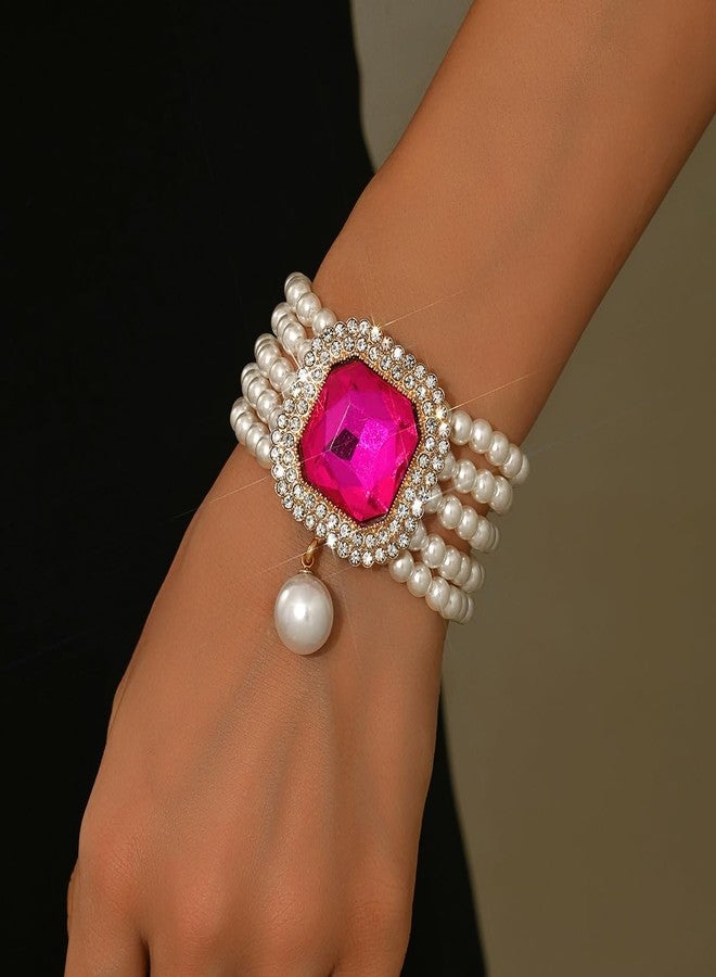 Rannyrena Rannyrene Vintage pearl Bracelet with Crystal Charm Multi-layered Beaded Bracelet with Dangle Pearl 1920s Flapper Imitation Pearl Bridal Wedding Accessories Jewelry for Women (Rose Red) - Image 3