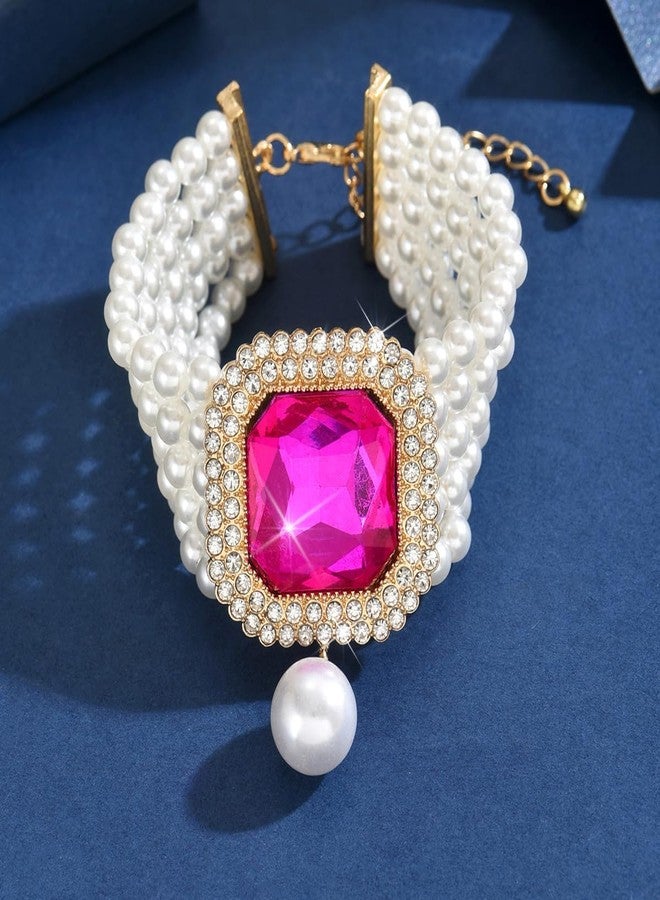 Rannyrena Rannyrene Vintage pearl Bracelet with Crystal Charm Multi-layered Beaded Bracelet with Dangle Pearl 1920s Flapper Imitation Pearl Bridal Wedding Accessories Jewelry for Women (Rose Red) - Image 4