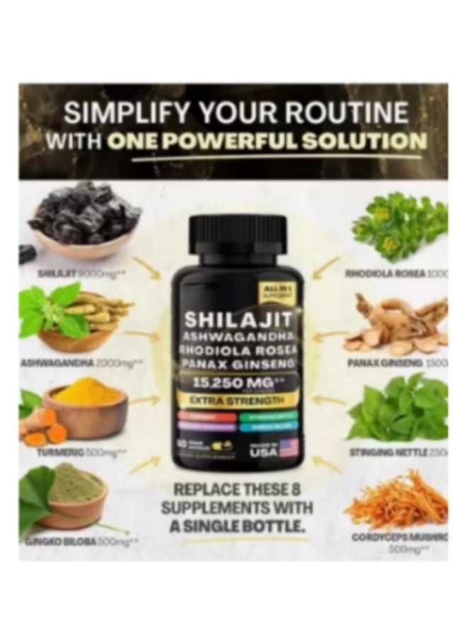 Shilajit RX 9000MG Pure Himalayan Shilajit, 2000MG Ashwagandha Energy Booster, 1000MG Rhodiola Rosea, 1500MG Panax Ginseng, 500MG Turmeric, 500MG Ginkgo, 250MG Stinging Nettle - Image 3