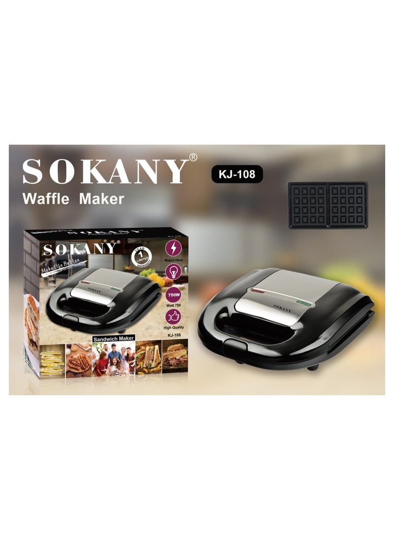 sokany Sokany Waffle Maker,2Slices, Multifunction ,750W,KJ-108,Black.  - Image 1
