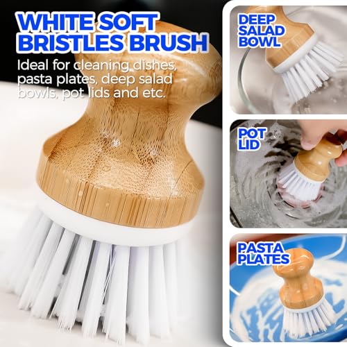 Holikme 6 Pack Dish Brush Kitchen Brushes Set with Bottle Brush, Dish Brush, Palm Scrub Brush and Straw Brush, Fruit Vegetable Cleaning Brushes, Long Handle for Skillet Wok Pot Pan Cast Iron, White - Image 3