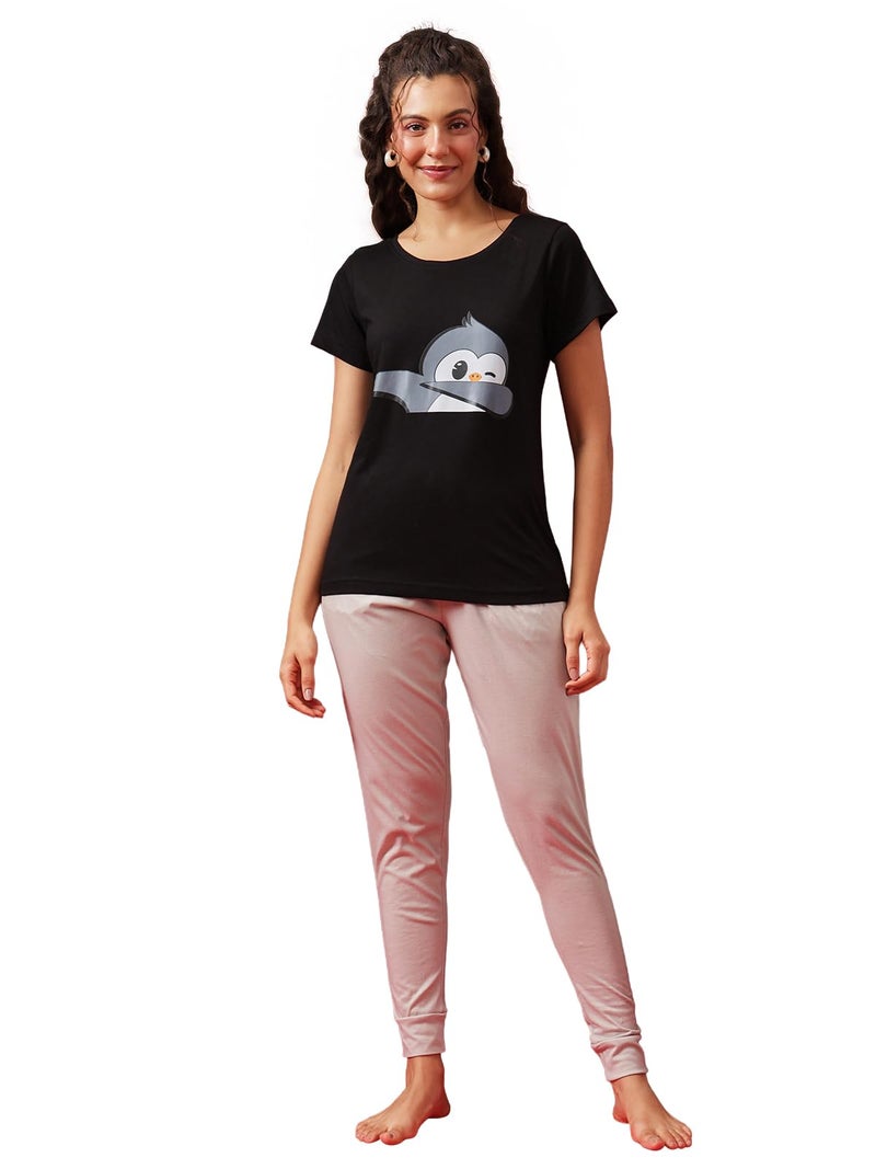 Clovia Women's Cotton Printed Top & Basic Pyjama Set (LS0581P13_Black_XXL) - Image 1