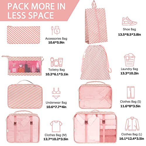 KPX 8 Set Packing Cubes for Travel, Luggage Packing Organizers Accessories Large Toiletries Bag for Clothes Shoes Cosmetics (Pink Strips) - Image 2
