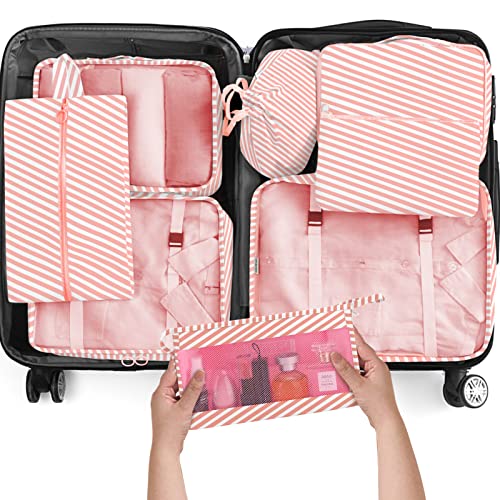 KPX 8 Set Packing Cubes for Travel, Luggage Packing Organizers Accessories Large Toiletries Bag for Clothes Shoes Cosmetics (Pink Strips) - Image 1