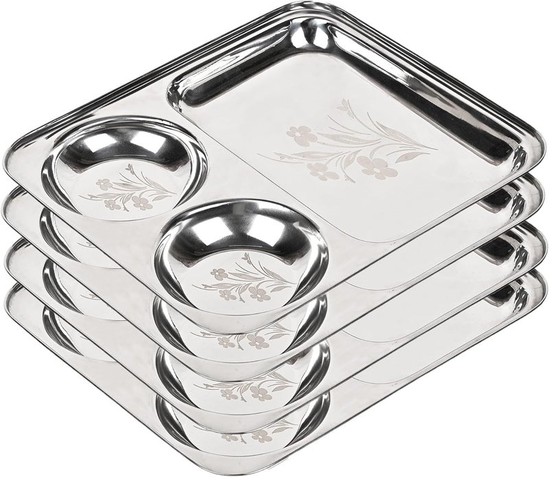 KC Stainless Steel Laser Partition Plate 3 in1 | Bhojan Thali | Dinner Plate Set of 4 Diverse use resistant crafted quality - Image 1