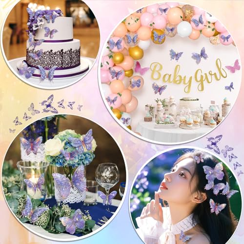 Buiory 3D Butterfly Wall Decor - 50PCS Removable PVC Butterflies Wall Stickers- Multi-Size (2.8"-3.9")- DIY Removable Wall Art Decal for Kids Room, Nursery, Bedroom, Classroom, Party Decoration (Purple) - Image 3