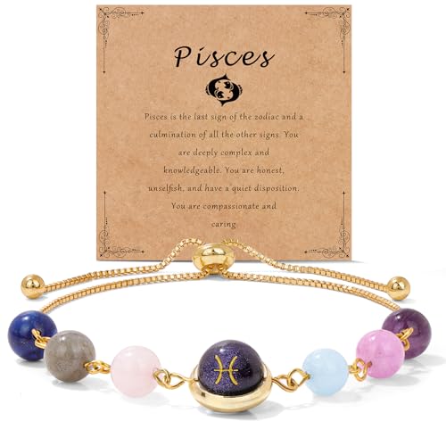 Raicegs Crystal Bracelets for Women 18K Gold Plated Bracelets Pisces Gifts Healing Zodiac Bracelets for Women Natural Stone Zodiac Sign Bracelets Gemstone Beads Constellation Horoscope Jewelry for Women Birthday Gifts - Image 1
