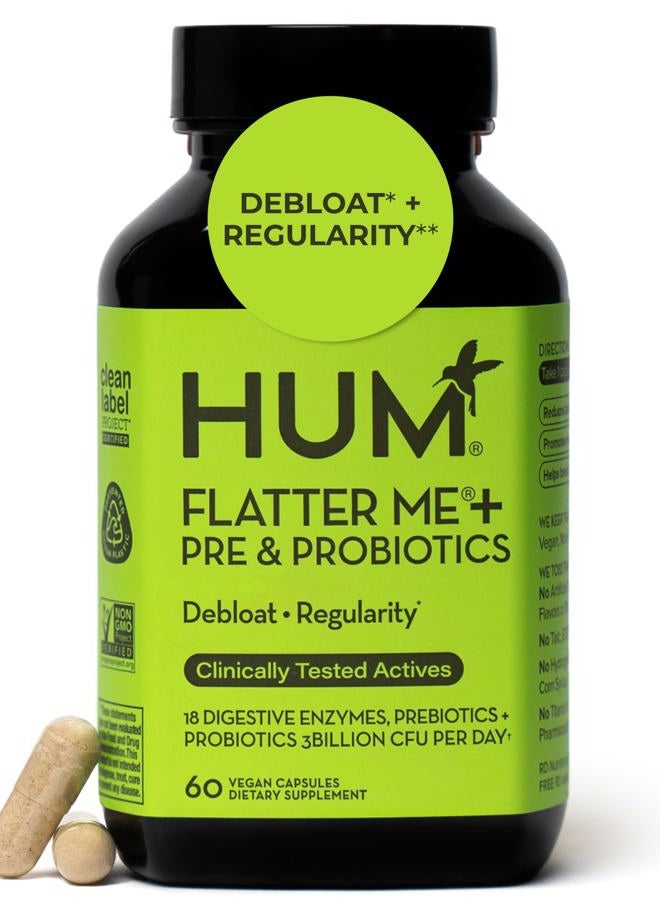 HUM Flatter Me Digestive Enzymes Plus Prebiotics & Probiotics, Digestive Health Bloating Supplement for Women & Men, Fast Acting Anti Bloat Pills Multi Enzyme for Debloating, Vegan, 60 Capsules - Image 1