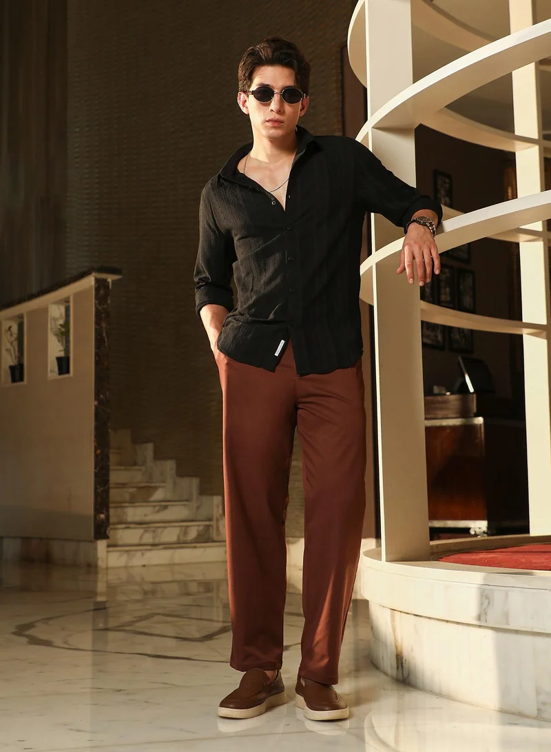 Campus Sutra Campus Sutra Men's Onyx Black Duo-Panel Jacquard Shirt | Spread Collar , Long  Cuffed Sleeves , Button Closure | Solid Jacquard | Polyester Blend Shirt For Casual Wear