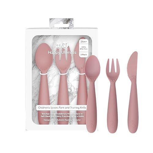 ezpz Happy Utensils Blush 24 Months BPA Free Toddler Utensils Fork Spoon and Knife for Toddlers and Preschoolers Kids for SelfFeeding Development - Image 1