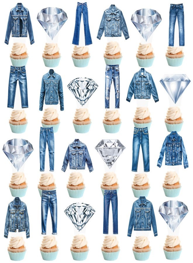 اوموني 48 قطعة من زينة الكب كيك المصنوعة من الدنيم والألماس - زينة كعك الحفلات ذات الطابع الدينيم، زينة جاكيت جينز، لوازم حفلات أعياد الميلاد الكريستالية لحفلات توديع العزوبية وحلويات الزفاف - Image 1