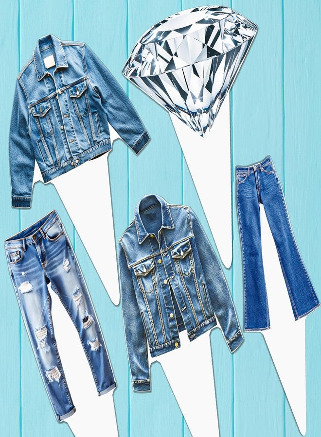 اوموني 48 قطعة من زينة الكب كيك المصنوعة من الدنيم والألماس - زينة كعك الحفلات ذات الطابع الدينيم، زينة جاكيت جينز، لوازم حفلات أعياد الميلاد الكريستالية لحفلات توديع العزوبية وحلويات الزفاف - Image 5