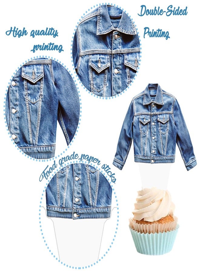 اوموني 48 قطعة من زينة الكب كيك المصنوعة من الدنيم والألماس - زينة كعك الحفلات ذات الطابع الدينيم، زينة جاكيت جينز، لوازم حفلات أعياد الميلاد الكريستالية لحفلات توديع العزوبية وحلويات الزفاف - Image 4