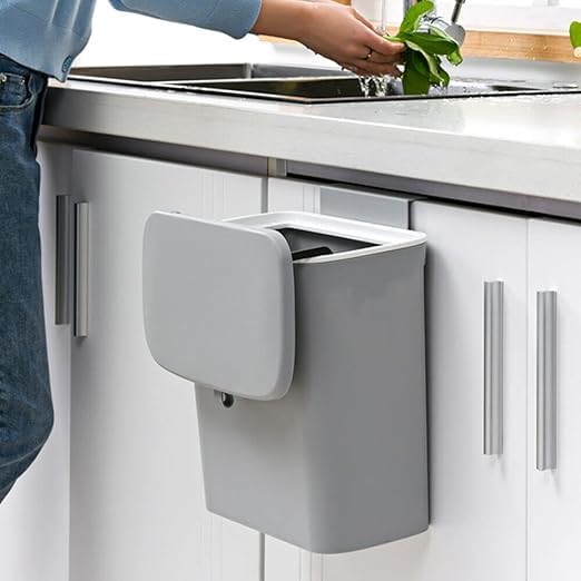 BLURISM 24 Gal Hanging Trash Can for Kitchen Cabinet Door with Lid Small Under Sink Garbage Can for Bathroom Wall Mounted Counter Waste Trash Bin Plastic Grey - Image 1
