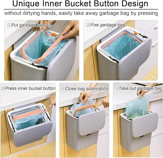 BLURISM 24 Gal Hanging Trash Can for Kitchen Cabinet Door with Lid Small Under Sink Garbage Can for Bathroom Wall Mounted Counter Waste Trash Bin Plastic Grey - Image 5