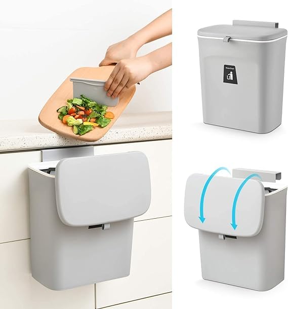 BLURISM 24 Gal Hanging Trash Can for Kitchen Cabinet Door with Lid Small Under Sink Garbage Can for Bathroom Wall Mounted Counter Waste Trash Bin Plastic Grey - Image 2
