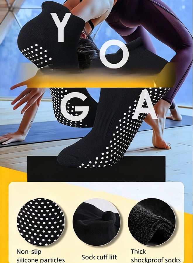Happy D 2 Pairs Pilates Yoga Socks - Thickened Towel Bottom Non-Slip Floor Socks for Early Education, Trampoline, Ballet, Dance, Barefoot Workout - Skid Sticky for Men Women (Black) - Image 2