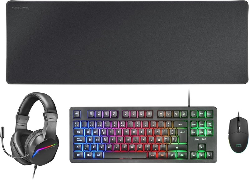 MARS GAMING MARSGAMING MCP-RGB3 Pack Gaming Keyboard Fixed RGB + Gaming Mouse RGB Flow 3200 DPI + Headset Over-Ear RGB + XXL Mousepad, Black, French Language - Image 1