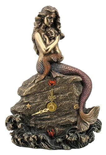 VERONES Mermaid Clock - Mother and Baby Sitting on Rock Statue Nautical Figurine - Image 3