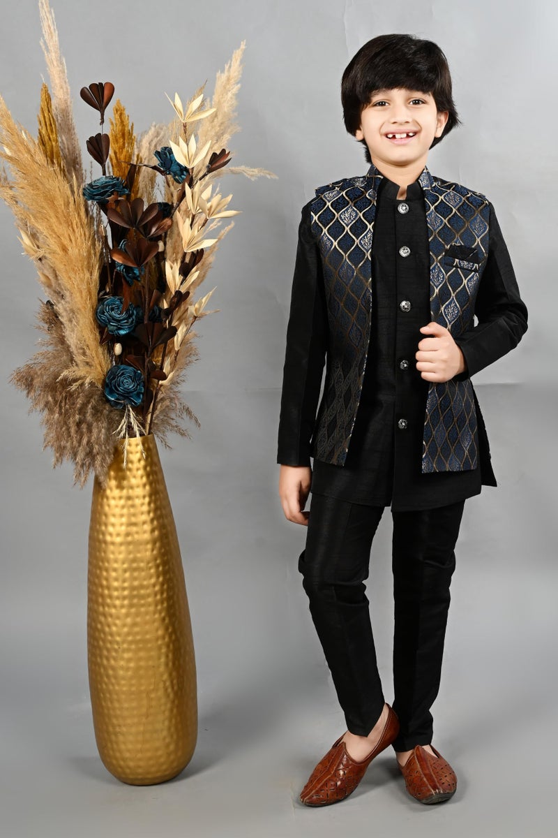 AHHAAAA Kids Ethnic Silk Blend Waistcoat Kurta Pyjama 3 Piece Sherwani Set For Boys |Blue 10-11 Years, 539| - Image 2