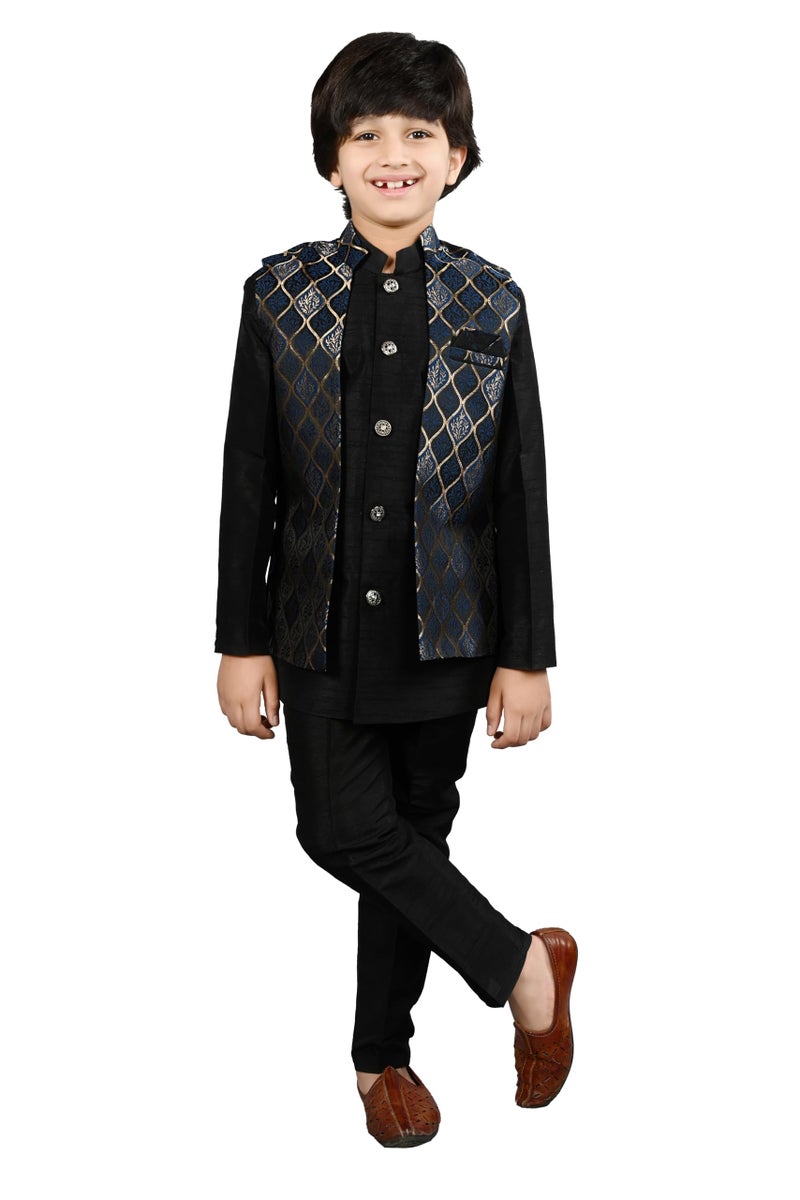 AHHAAAA Kids Ethnic Silk Blend Waistcoat Kurta Pyjama 3 Piece Sherwani Set For Boys |Blue 10-11 Years, 539| - Image 1