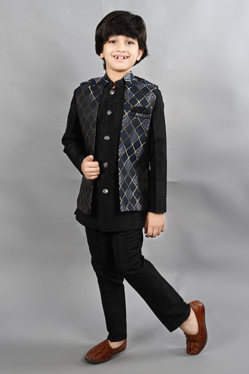 AHHAAAA Kids Ethnic Silk Blend Waistcoat Kurta Pyjama 3 Piece Sherwani Set For Boys |Blue 10-11 Years, 539| - Image 4