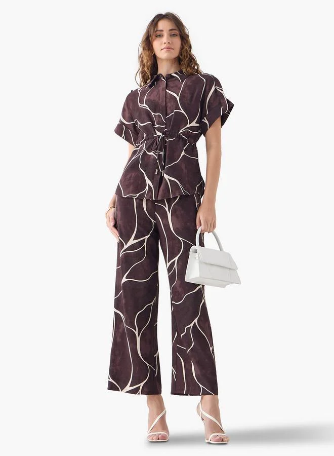 Iconic Iconic All-Over Print Collar Shirt with Short Sleeves and Waist Tie-Up