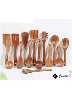 CERAMIC Wooden Kitchen Cooking Utensils 14 PCS Teak Wooden Spoons and Spatula for Cooking Sleek and Non-stick Cookware  - Image 2