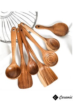CERAMIC Wooden Kitchen Cooking Utensils 14 PCS Teak Wooden Spoons and Spatula for Cooking Sleek and Non-stick Cookware  - Image 4