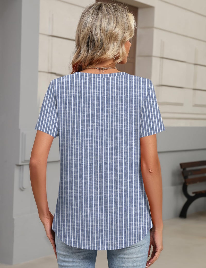 TCOT Womens Shirts Dressy Casual Short Sleeve 2026 Trendy Elegant Loose Casual V Neck Blouses Blue Stripes Tops L - Image 3
