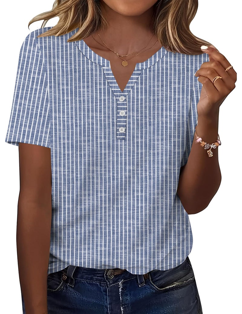 TCOT Womens Shirts Dressy Casual Short Sleeve 2026 Trendy Elegant Loose Casual V Neck Blouses Blue Stripes Tops L - Image 1
