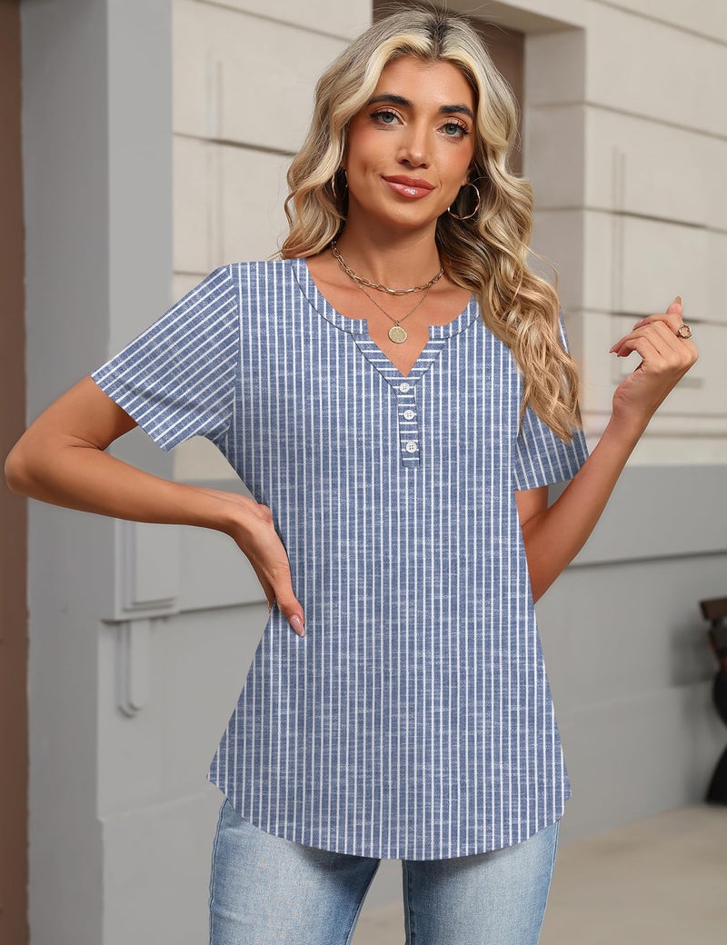 TCOT Womens Shirts Dressy Casual Short Sleeve 2026 Trendy Elegant Loose Casual V Neck Blouses Blue Stripes Tops L - Image 2