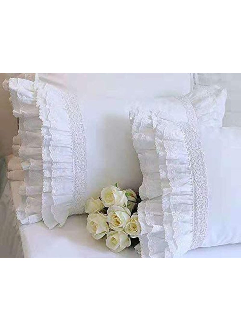Meaning4 2Pack White Pillow Shams Shabby Chic Pillowcases with Lace Ruffles Vintage Pillow Covers Cotton Queen Size 20X30 Luxury Elegant 