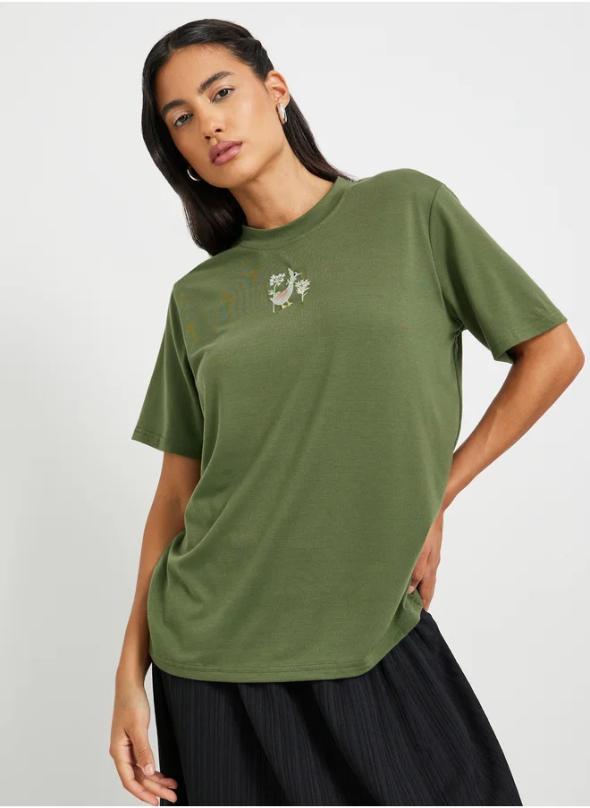 ستايلي Embroidered Round Neck T-Shirt
