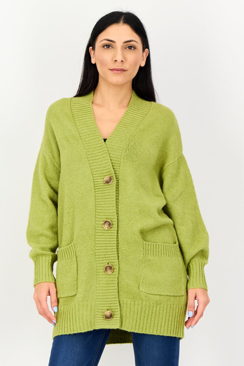 For The Republic Women V-Neck Knitted Cardigan, Green - Image 1