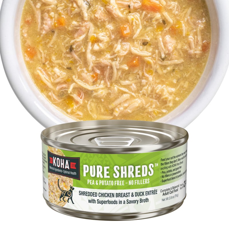 KOHA Pure Shreds Chicken and Duck Entrée for Cats, High Protein Wet Cat Food 2.8oz Cans (Pack of 24) - Image 1