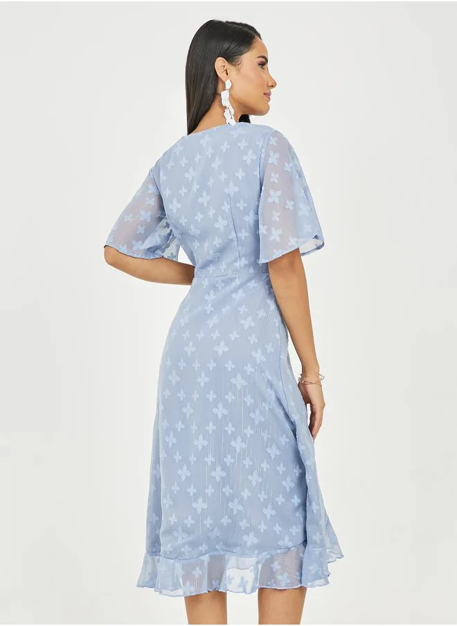 Styli Burnout Texture Ruffle Detail A-Line Wrap Midi Dress