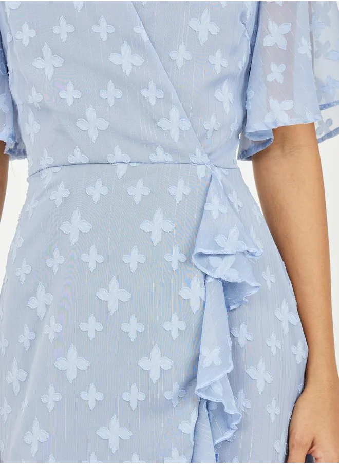 Styli Burnout Texture Ruffle Detail A-Line Wrap Midi Dress