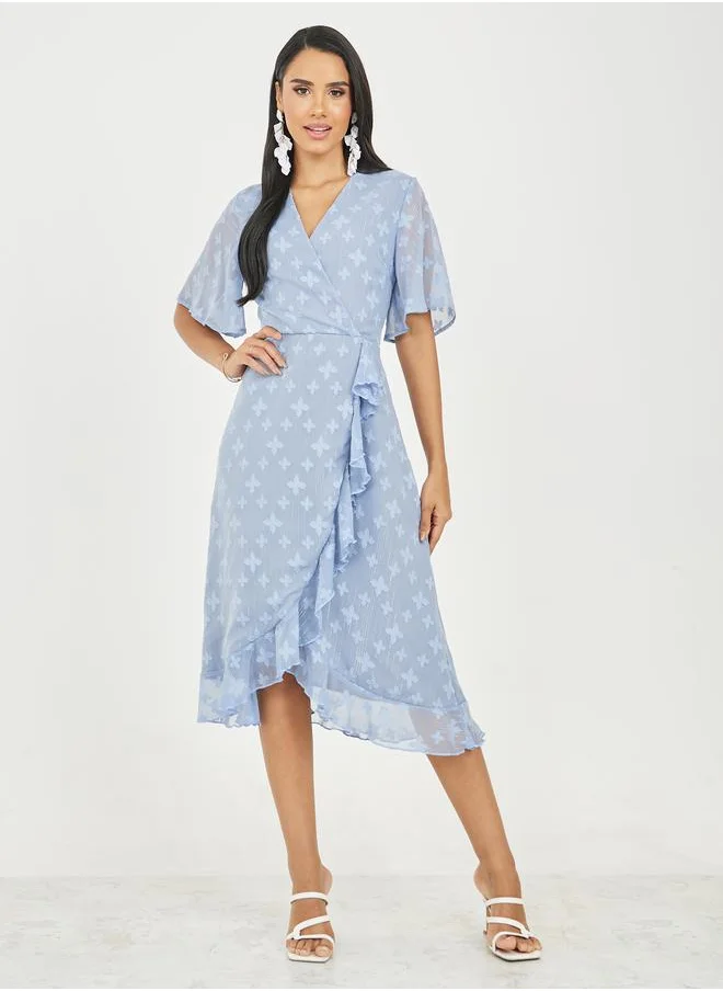 ستايلي Burnout Texture Ruffle Detail A-Line Wrap Midi Dress