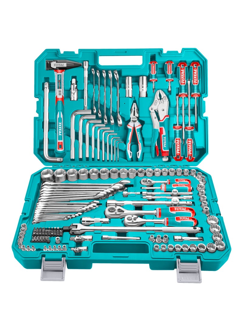 توتال مجموعة أدوات ميكانيكي احترافية من توتال، مكونة من 142 قطعة، تشمل مقابس ومفكات ومفاتيح وبراغي كماشة وأدوات يدوية متنوعة، مصنوعة من فولاذ كروم فاناديوم عالي الجودة لمتانة وأداء طويل الأمد. تأتي داخل حقيبة حمل متينة ومنظمة لتسهيل النقل والاستخدام في الورش أو الاستخدام المنزلي - Image 1