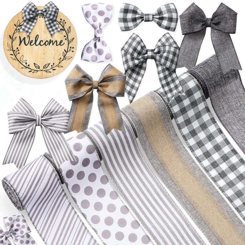 Canlierr 6 Rolls 30 Yards Farmhouse Wired Ribbon 25 inch Candy Cane Striped Polka Dot Buffalo Plaid Craft Ribbon for Wreaths Party DecorationsGray
