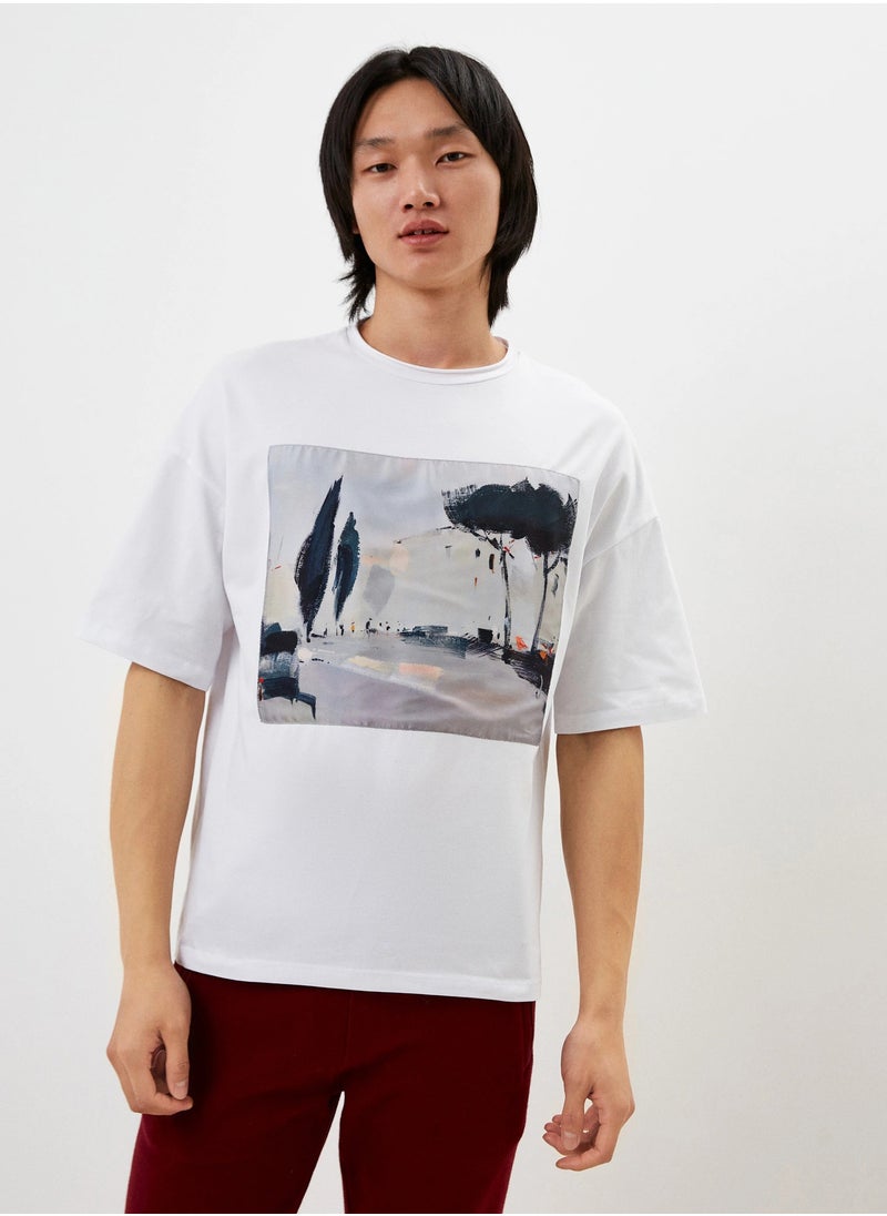Artograph Men oversize premium cotton white T-shirt with artist unique painting Gray Rome  - Image 1