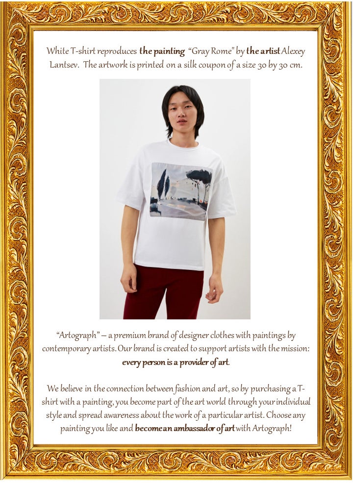 Artograph Men oversize premium cotton white T-shirt with artist unique painting Gray Rome  - Image 3