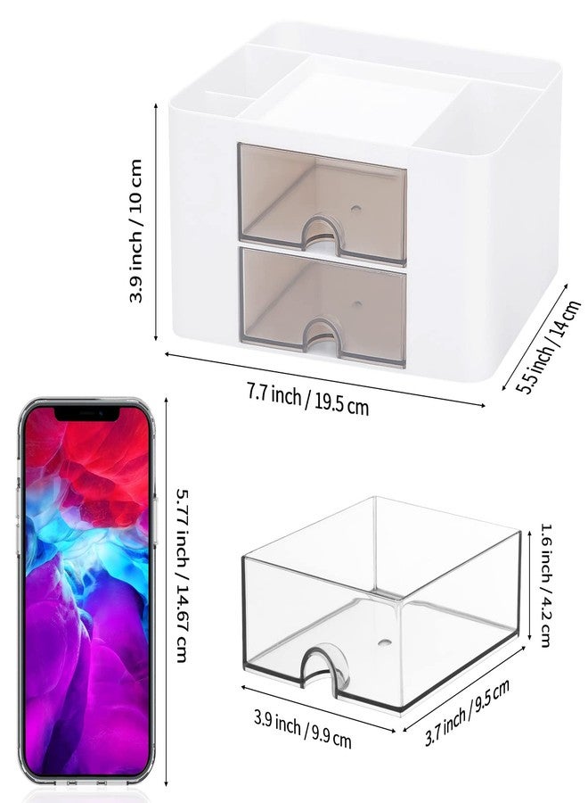LETURE Desk Organizer with 2 Drawer, Plastic Desktop Pen Pencil Card Holder Storage Box for Desk, Office Supplies, Vanity Table Office School Home (White) - Image 2