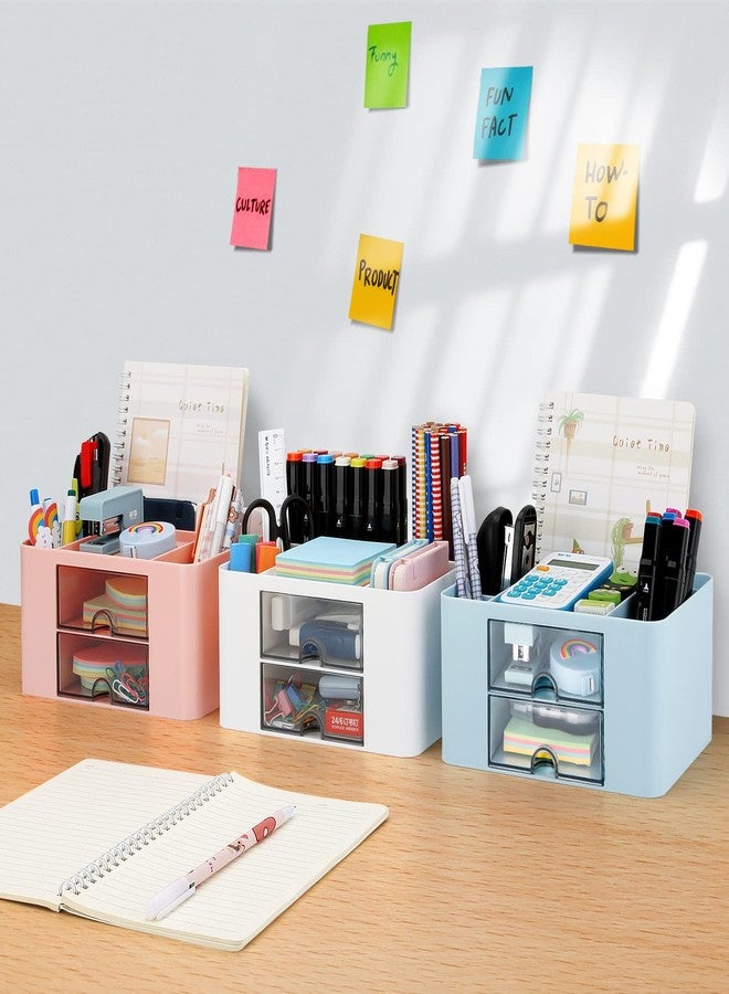 LETURE Desk Organizer with 2 Drawer, Plastic Desktop Pen Pencil Card Holder Storage Box for Desk, Office Supplies, Vanity Table Office School Home (White) - Image 4
