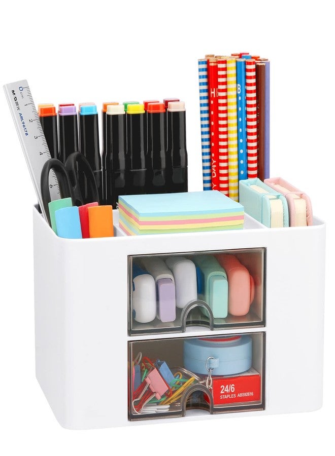 LETURE Desk Organizer with 2 Drawer, Plastic Desktop Pen Pencil Card Holder Storage Box for Desk, Office Supplies, Vanity Table Office School Home (White) - Image 1