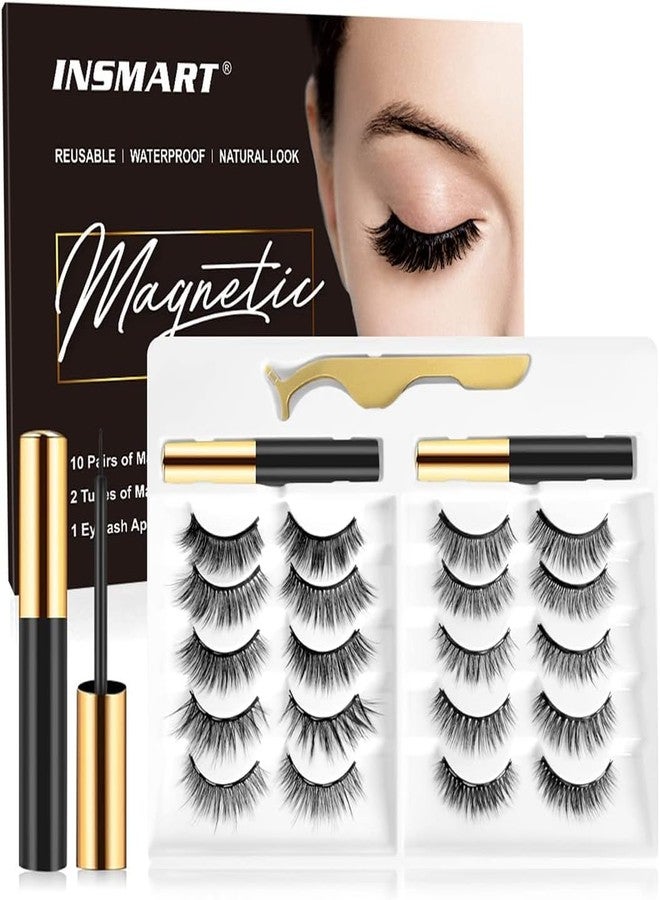 INSMART 10 Pairs Magnetic Eyelashes with Magnetic Eyeliner Kit Upgraded 3D 5D Eyelash Magnetic Lashes with Tweezers & 2 Tubes of Magnetic Eyeliner, Reusable, No Glue - Image 1